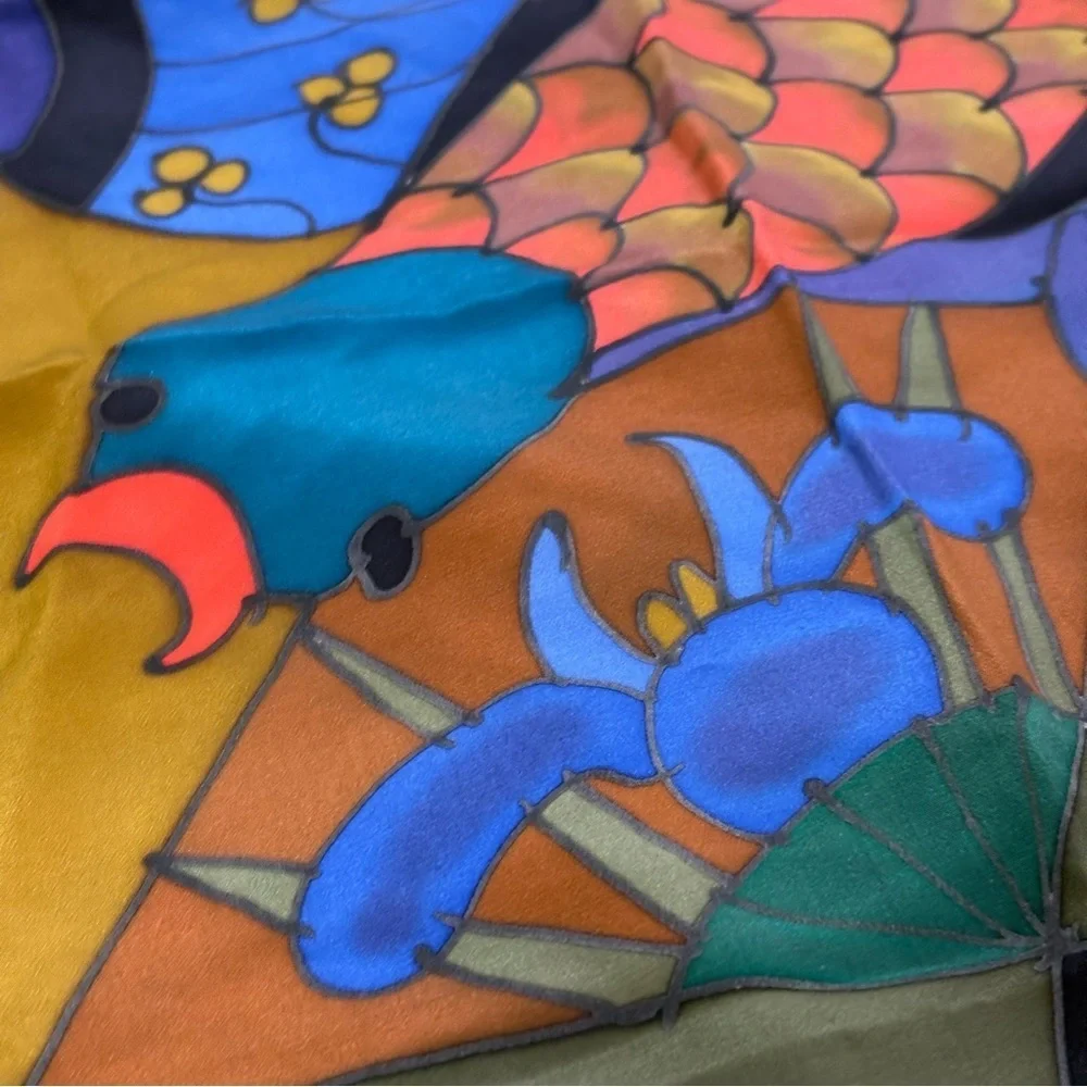 SILKSCAPES vintage silk multicolor silk scarf fish floral bamboo abstract USA